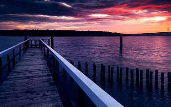 Sunset, sea, colorful, colors, pier, reflection, clouds, nature, sky HD wallpaper
