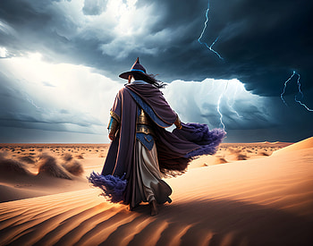 A wizard in the stormy desert, AI Art, sky, storm, desert, fantasy, wizard HD wallpaper