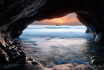 Eternity beyond, blue, waves, cave, beautiful, water, sun, rocks, ocean HD wallpaper