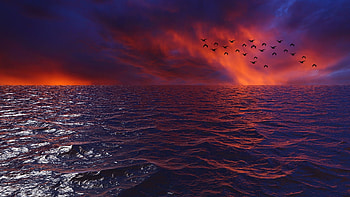 fire on the water, sea, clouds, natur, red HD wallpaper