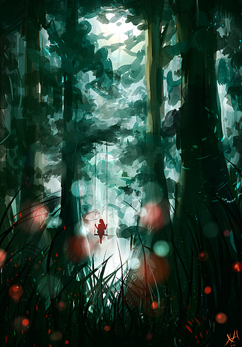 Trees, Grass, Art, Glare, Silhouette, Swing HD phone wallpaper