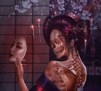 Hone Onna, anna astrid, bones, frumusete, kimono, mask, art, skull, geisha, dark, halloween, fantasy, red, luminos HD wallpaper