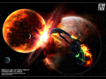 romulan kerchan class, explosion, starship, planets, collision, stars, moons HD wallpaper