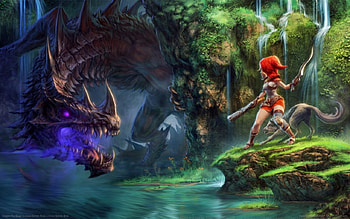 Red And Wolf vs Dragon, river, sword, red ridding hood, dragon, gun, wolf, forest HD wallpaper