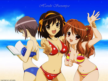 Haruhi and GirlFroends, bikini, girls, anime, beach HD wallpaper