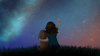 Girl With Dog Wishes Upon The Stars, girl, dog, stars, star, aurora, artist, artwork, art, digital-art, deviantart HD wallpaper