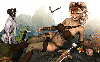 Rest along the Journey, dog, fantasy, daz3d, woman, female HD wallpaper