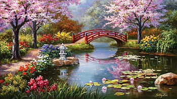 Paradise garden, Bridge, Shore, Panting, Lake, Painting, Spring HD wallpaper