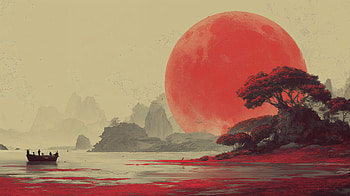 Crimson Moon, Boat, Island HD wallpaper
