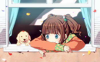 Girl and Dog, dog, yayoi, animal, idolmaster, cute, takatsuki, pop, brown, petals, twintails, pet, eyes, kawai, girl, aqua, orange, anime, chika, hair HD wallpaper