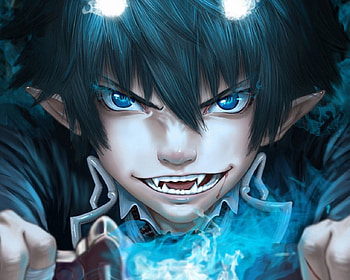 Okumura Rin, blue eyes, flames, smile, rin, blue hair, elf, anime, short hair, anime boy HD wallpaper