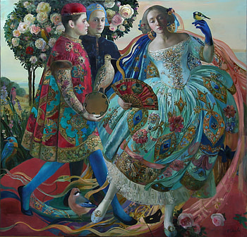 :), woman, blue, bird, art, man, girl, people, olga suvorov, dress, hand fan, painting, pictura, evantai, pasari HD wallpaper