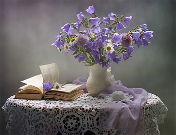 Still life, Tablet, Flowers, Scarf, Pitcher, Bells, Book HD wallpaper