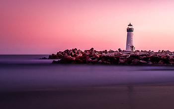 lighthouse , Pink hour beauty, White beacon, Purple sky HD wallpaper