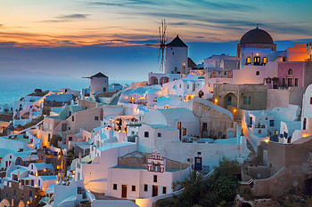 Santorini at Sunset, island, greece, town, mill, church, houses HD wallpaper