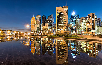 Doha skyscrapers, City reflection, Nighttime beauty, Urban skyline HD wallpaper
