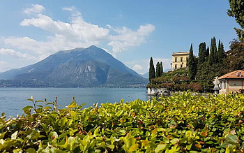 Lake, trees, houses, mountain, coast HD wallpaper