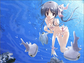Swimmin With The Sharks, anime, ribbon, bikini, hammerhead, sharks, girl, water, ocean HD wallpaper