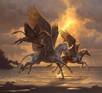 Alicorns, wings, sea, orange, beach, summer, fantasy, unicorn, water, sunset, vara HD wallpaper