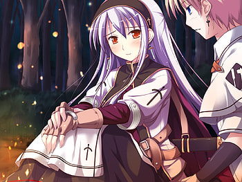 Chelsea Arcot, game cg, purple hair, kocha, cute, long hair, dress, short hair, blonde hair, shukufuku no campanella, sexy, blue eyes, orange eyes, girl, gloves, anime, blush, fire HD wallpaper