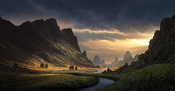 Valley of Golden Light — Quad Digital Landscape, Digital Painting, Valley, Natural Landscape, Outdoor HD wallpaper