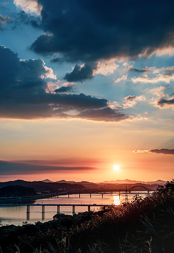 Cities, Rivers, Bridges, Sunset, Clouds HD phone wallpaper