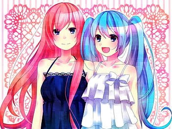 Best Friends!!!, Best Friends, Megurine Luka, Hatsune Miku, Blue Hair, Pink Hair, Girls, Cute, Blush, Sweet, Blue Eyes, Long Hair HD wallpaper