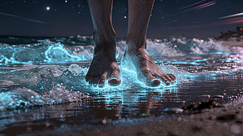 Moonlit Bioluminescent Steps —, Barefoot, Bioluminescence, Beach, Night HD wallpaper