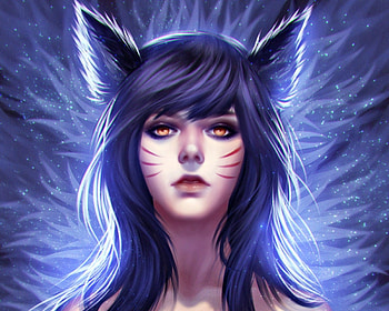 Ahri, blue, fox, woman, face, league of legends, game, npye13, nine tails HD wallpaper