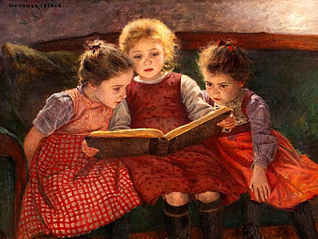 By Walter Firle (1859 – 1929) *The Fairytale – Three Reading Girls, read, book, painting, art, walter firle, girl, people HD wallpaper