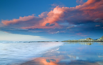 Nature, Sky, Sea, Lilac, Clouds, Sand, Wet, Evening, Volumetric, Low Tide, Humid, Voluminous HD wallpaper