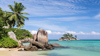 Big Stones On The Beach With A Lot Of Green Plants, Seychelles, sand, rocks, palm trees, sea, clouds, sky HD wallpaper