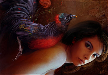 Brass And Ruby, beautiful, bird, colour, woman HD wallpaper