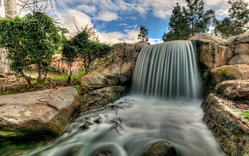 waterfall in hahn park in LA r, trees, waterfall, sky, r, rocks, stream HD wallpaper
