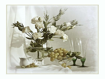 Beauty of white, soft green, wine glasses, white roses, grapes, flowers, curtain HD wallpaper
