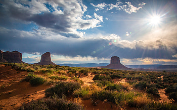 Monument Valley, West Mitten Butte, East Mitten Butte, Merrick Butte, rocks, mountain landscape, Colorado Plateau, Arizona, evening, sunset, USA HD wallpaper