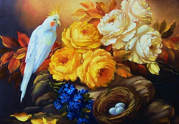 Bird's Nest, artwork, roses, painting, blossoms, colors, flowers, eggs HD wallpaper