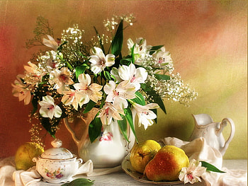 Still life, tea, vase, service, beautiful, fruits, pears, nice, delicate, pretty, coffee, flowers, lovely, harmony, teapot HD wallpaper