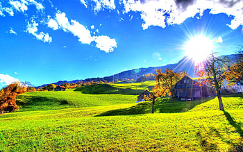 Morning Glow, prairie, meadows, hills, beautiful, sunny day, houses, sunrise, clouds, trees, shinning HD wallpaper