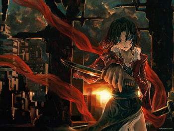anime, blue, knife, red HD wallpaper