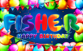 Happy Birtay Fisher, , colorful balloon frame, Fisher name, blue background, Fisher Happy Birtay, Fisher Birtay, popular american male names, Birtay concept, Fisher HD wallpaper