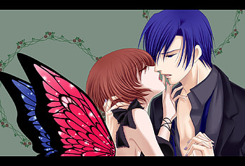 Kaito & Meiko, sexy, brown eyes, wings, blue eyes, cute, blue hair, girl, vocaloid, anime, boy, couple, short hair, brown hair, kaito meiko, kiss HD wallpaper