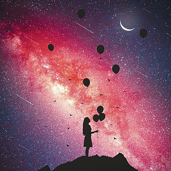 Balloons, Dark, Silhouette, Starry Sky, Girl HD phone wallpaper