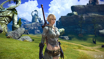 Tera, animal, sword, realm, fantasy, field, fantastic, game, princess, tera online, warrior, cloud HD wallpaper
