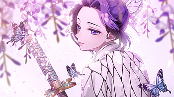 Purple Eyes Shinobu Kochou With Sword Butterflies Demon Slayer Kimetsu no Yaiba HD wallpaper