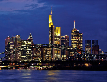Cities, Rivers, Skyscrapers, Bridge, Backlight, Illumination, Evening, Megapolis, Megalopolis, Germany, Frankfurt, Frankfurt Am Main HD wallpaper