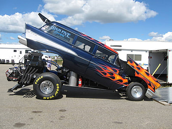 1957 Chevrolet wheelstander drag car, drag car, classic, flames, stationwagon, chevy HD wallpaper