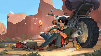 Biker Boy Alone Sitting Amid A Vast, artist, artwork, digital-art, biker, mountains, art, artstation HD wallpaper