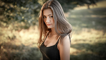 Blonde Girl Model Is Standing In Blur Bokeh Background Wearing Black Dress Girls HD wallpaper
