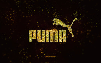 Puma glitter logo, , black background, Puma logo, yellow glitter art, Puma, creative art, Puma yellow glitter logo HD wallpaper